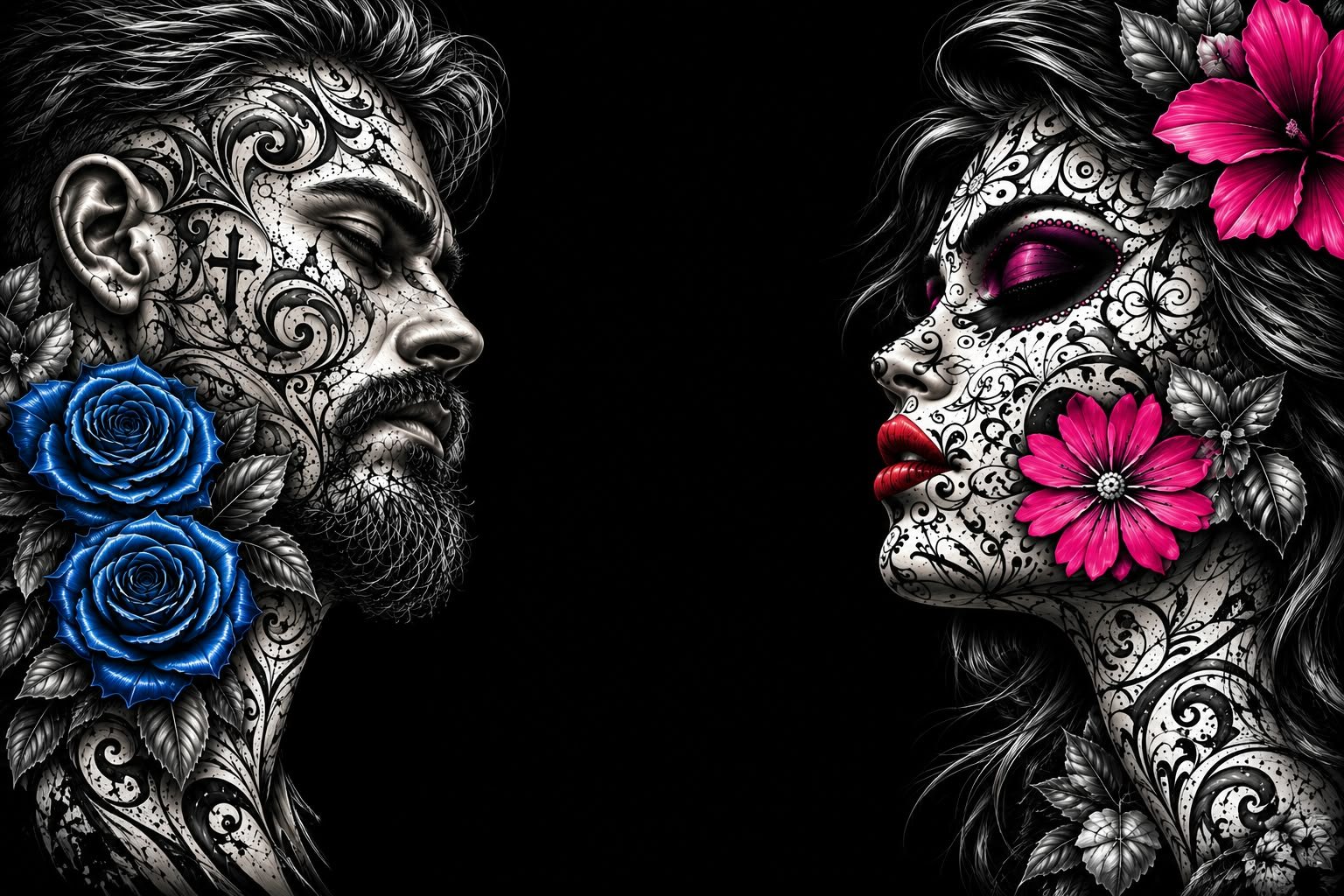 Artwork von IR’S: Mann und Frau im Profil, filigrane Ornamente mit blauen Rosen und pinken Blüten